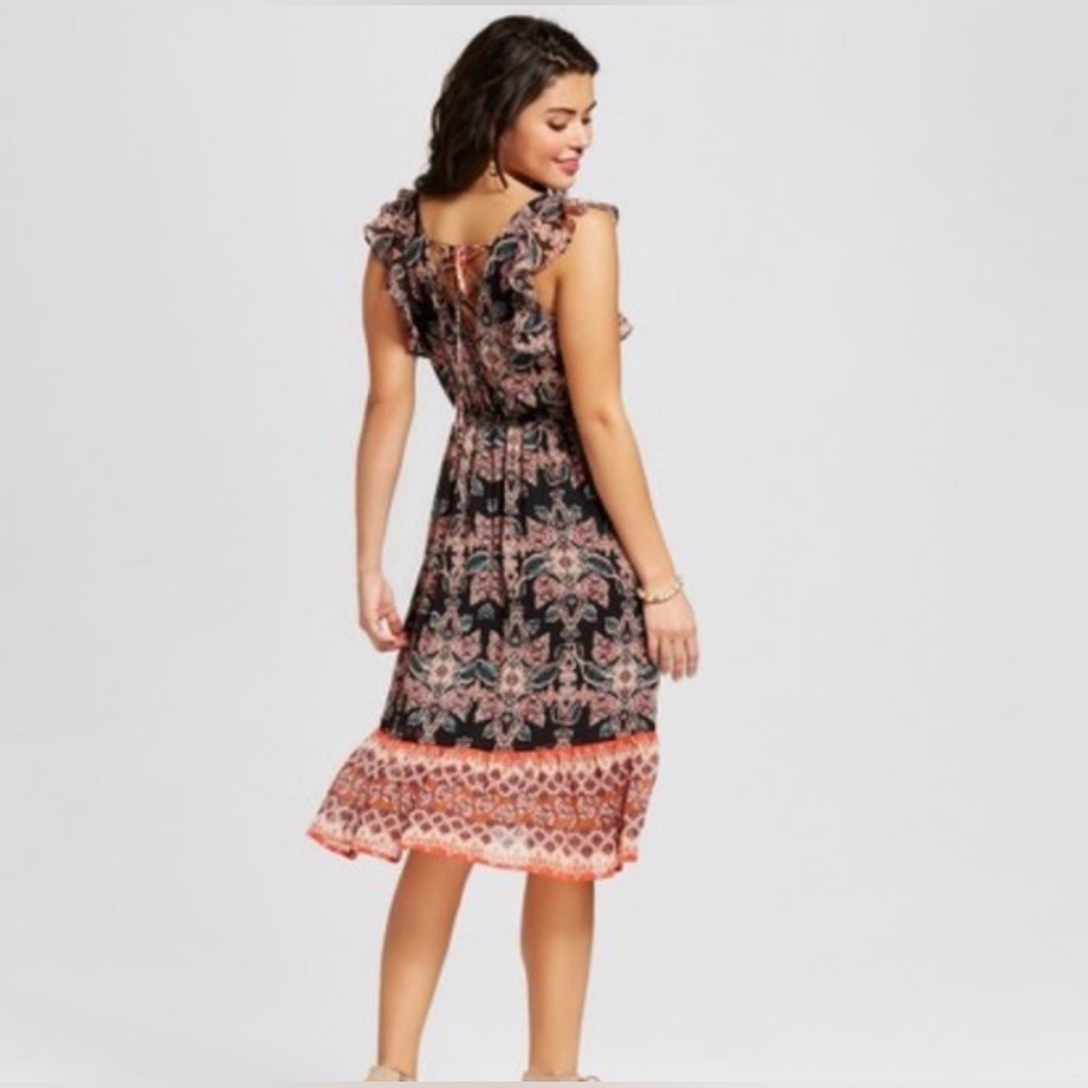 Xhilaration Ruffle Sleeve Boho Midi Dress, Black/Pink, Size L